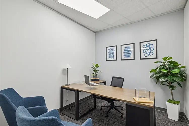 Private office with desk and window in Verve Workspace The Woodlands