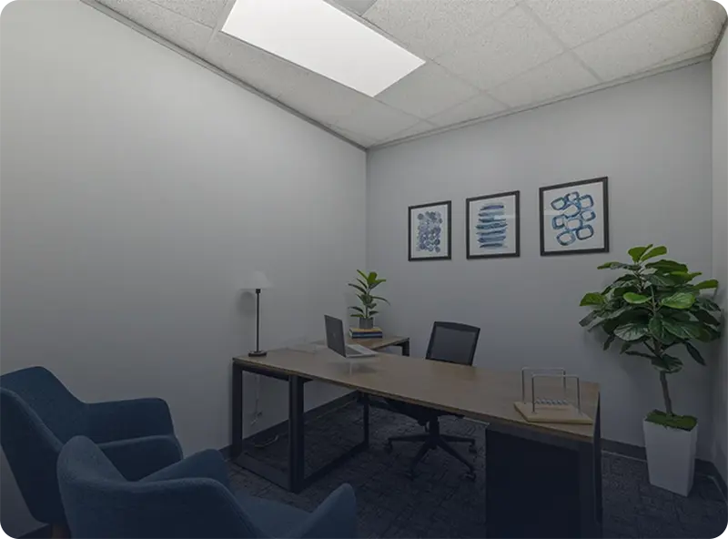 Private office with desk and window in Verve Workspace The Woodlands